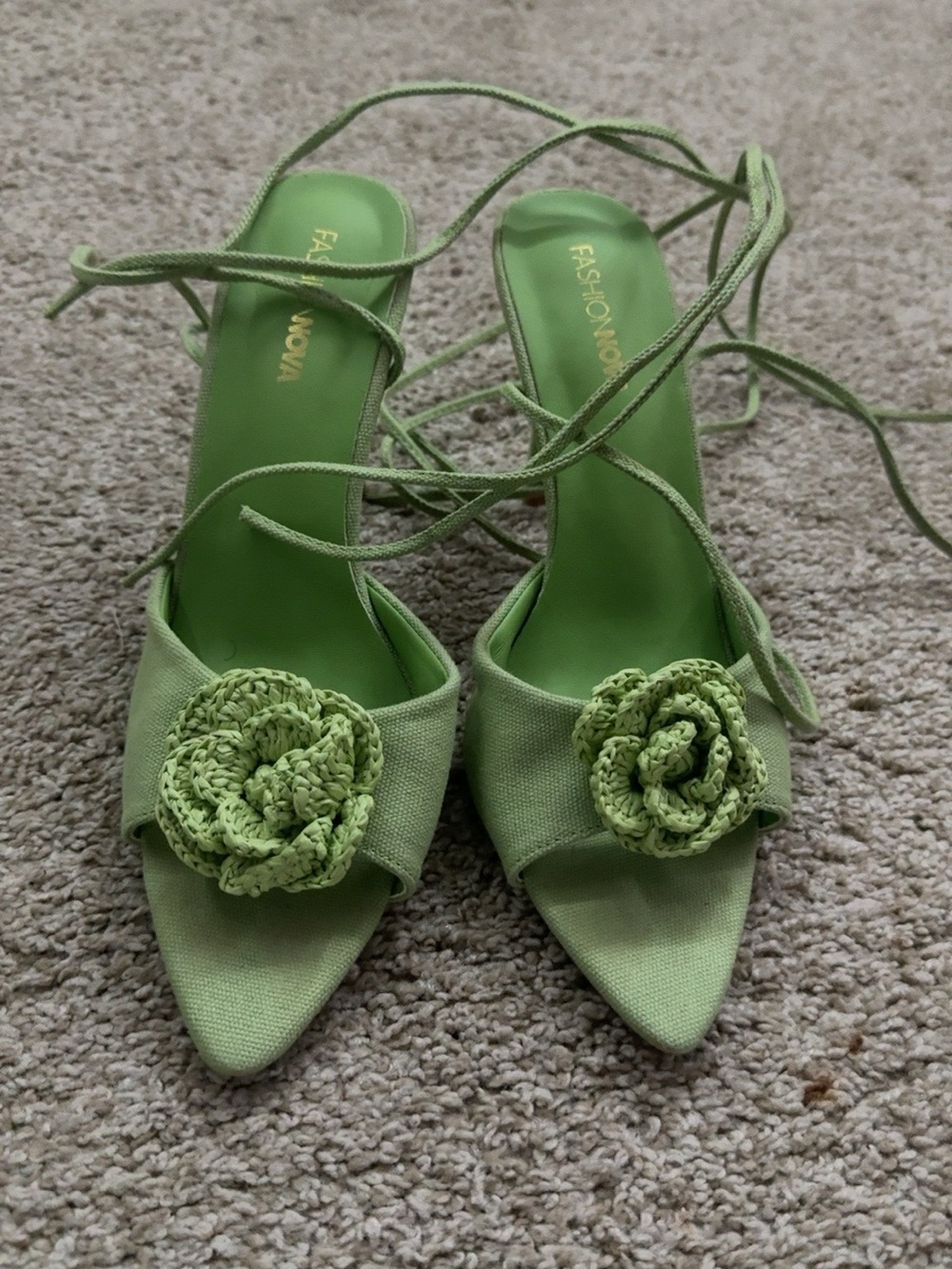 Fashion Nova Lime Green Floral Lace-Up Pointed Heels